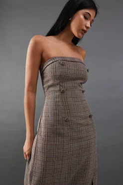Premium Check Bandeau Double Breasted Midi Dress