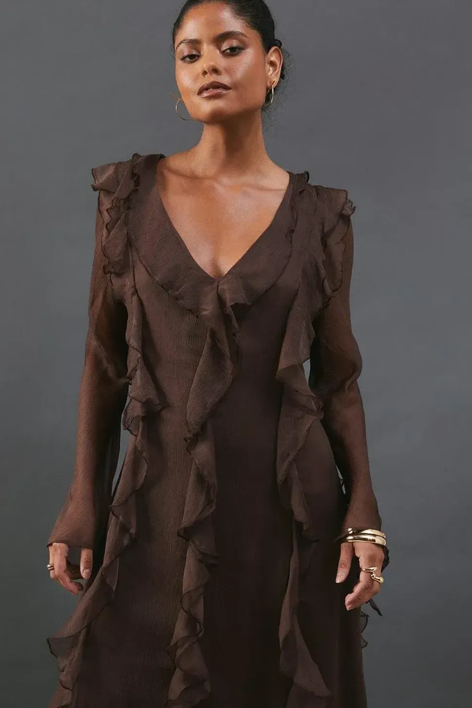 Premium Chiffon Ruffle Tie Cuff Maxi Dress