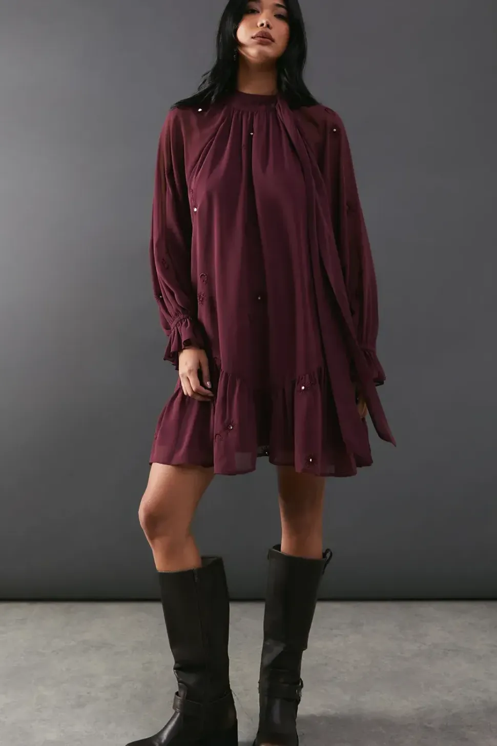 Premium Chiffon Tie Neck Moon Embellished Sequin Mini Smock Dress