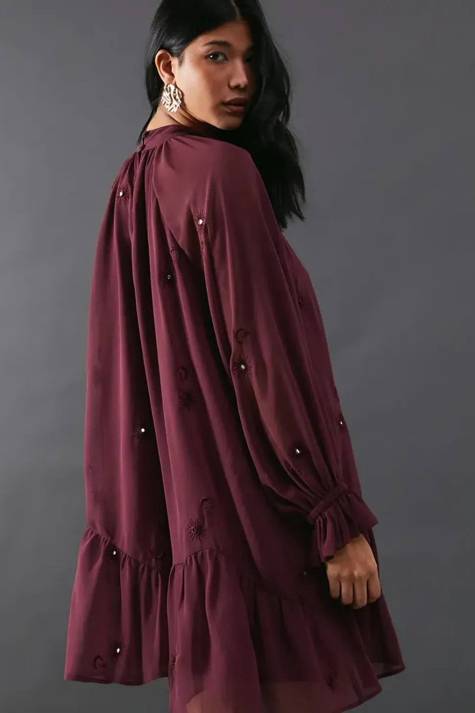 Premium Chiffon Tie Neck Moon Embellished Sequin Mini Smock Dress