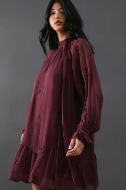 Premium Chiffon Tie Neck Moon Embellished Sequin Mini Smock Dress