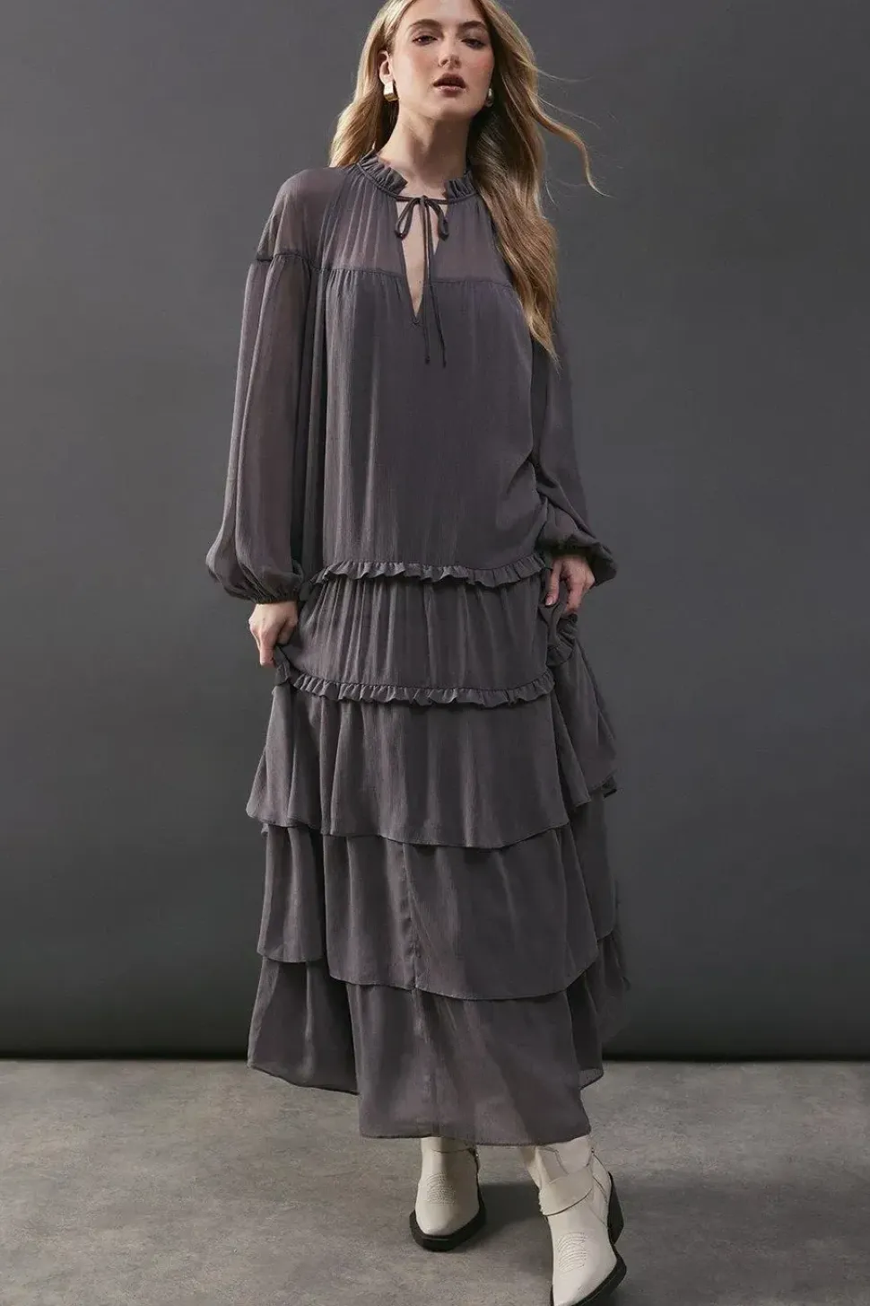 Premium Chiffon Tie Neck Tier Smock Maxi Dress