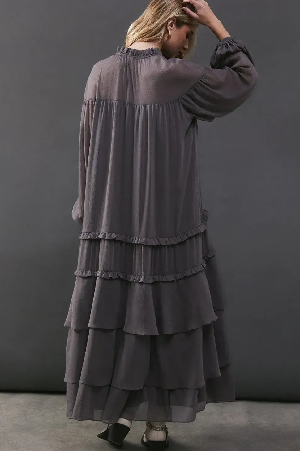 Premium Chiffon Tie Neck Tier Smock Maxi Dress