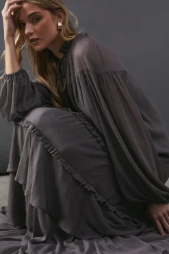 Premium Chiffon Tie Neck Tier Smock Maxi Dress