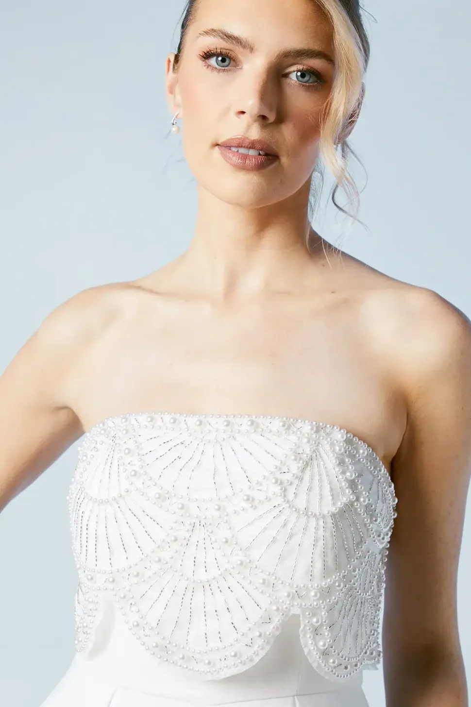 Premium Crepe Scallop Pearl Detail Bridal Jumpsuit