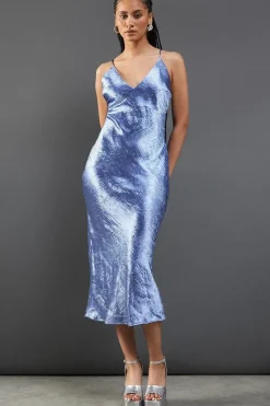 Premium Crinkle Satin V Neck Strappy Back Midaxi Slip Dress