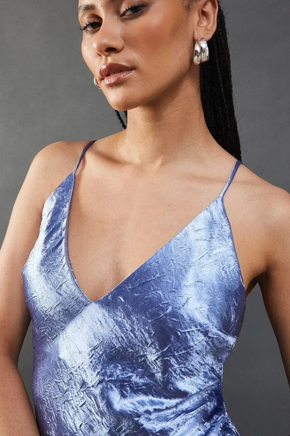 Premium Crinkle Satin V Neck Strappy Back Midaxi Slip Dress