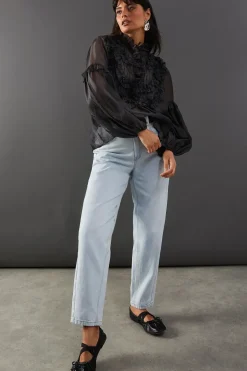 Premium Crinkle Stripe Organza Frill Pleated Top