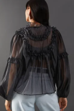 Premium Crinkle Stripe Organza Frill Pleated Top