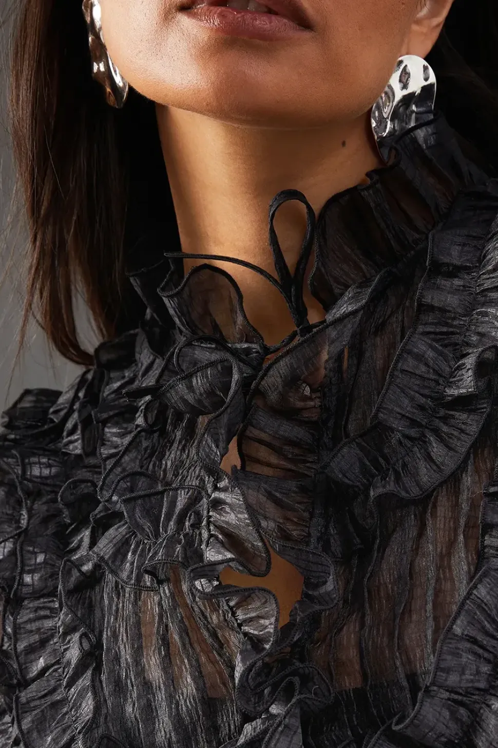 Premium Crinkle Stripe Organza Frill Pleated Top