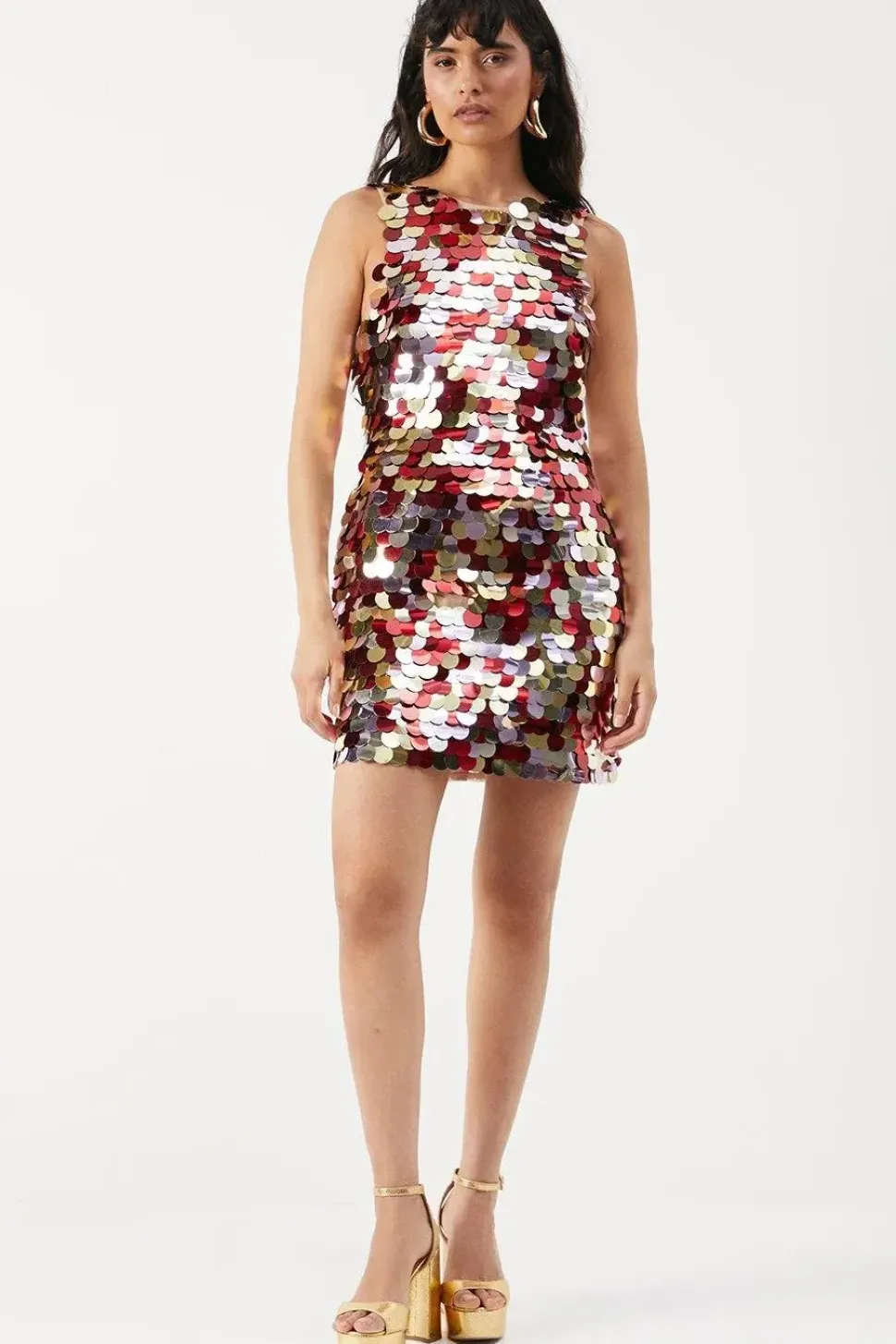 Premium Disc Embellished Sequin Sleeveless Open Back Mini Dress