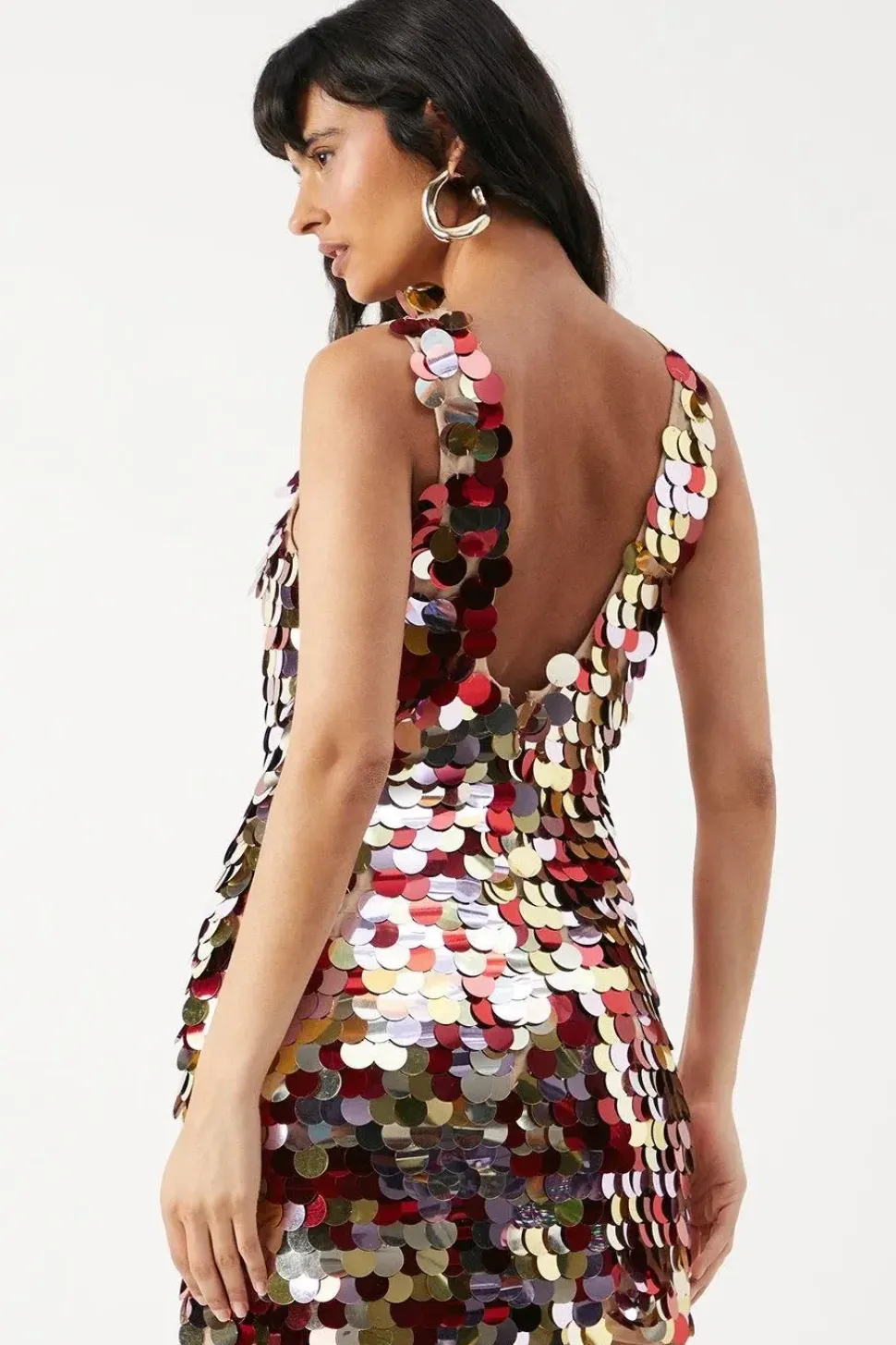 Premium Disc Embellished Sequin Sleeveless Open Back Mini Dress