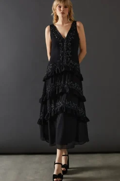 Premium Embellished Ruffle Tier Sequin Midi Dress
