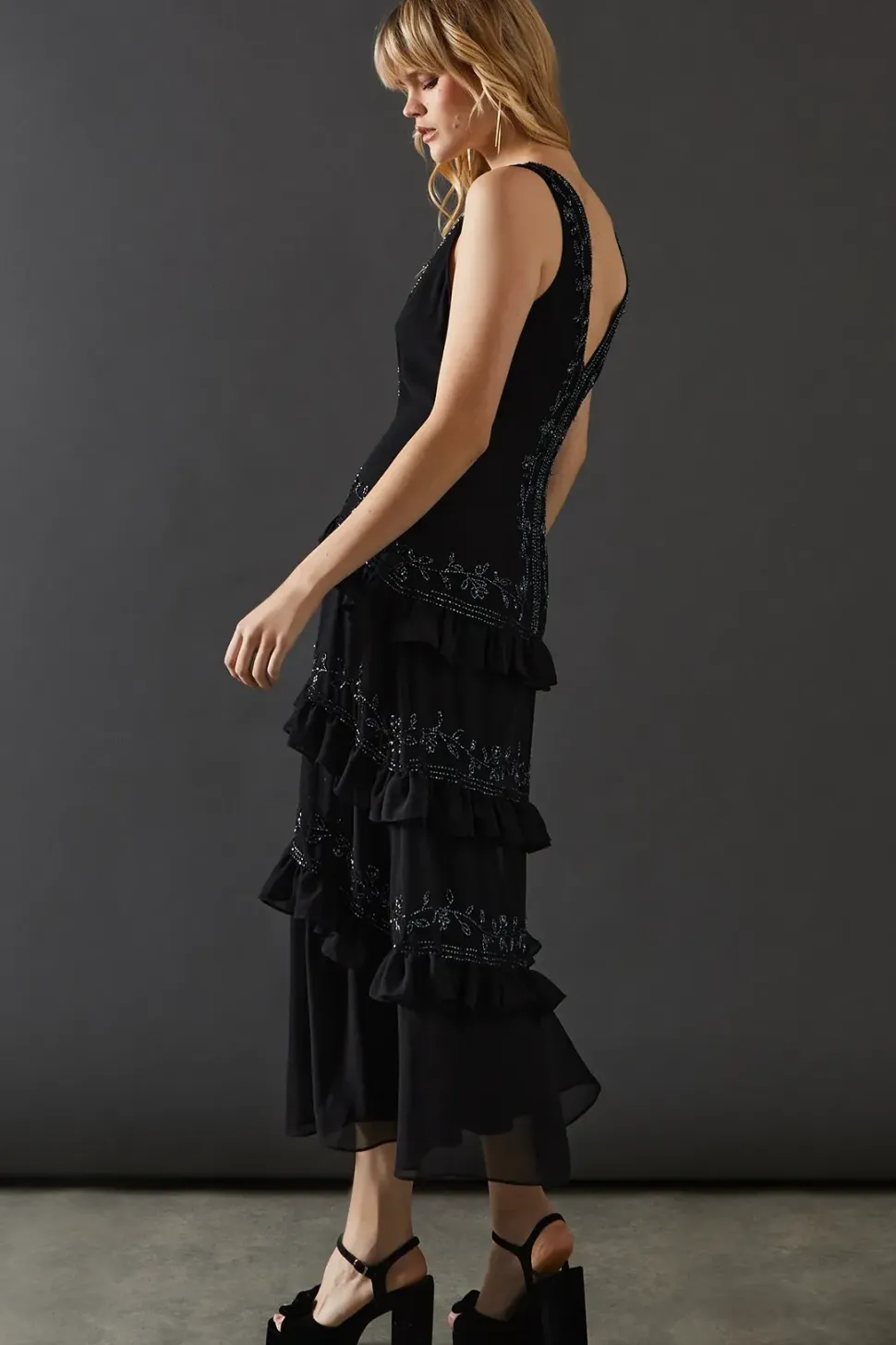 Premium Embellished Ruffle Tier Sequin Midi Dress