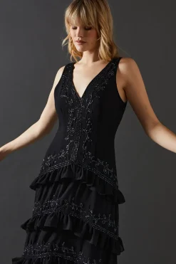 Premium Embellished Ruffle Tier Sequin Midi Dress