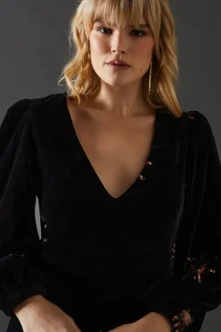 Premium Embellished Sequin Velvet Balloon Sleeve Mini Dress