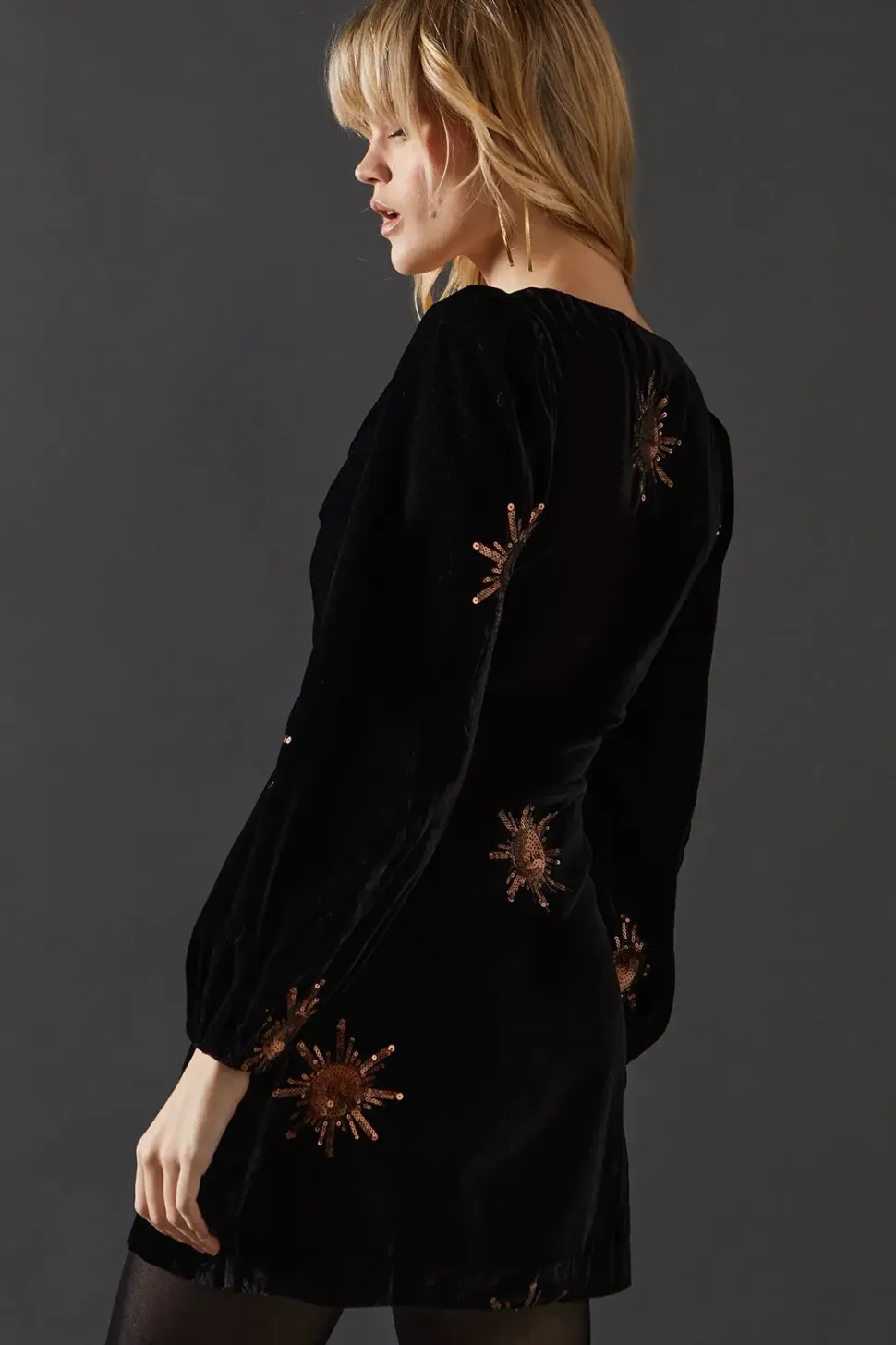 Premium Embellished Sequin Velvet Balloon Sleeve Mini Dress
