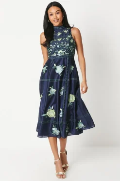 Premium Embroidered High Neck Midi Dress