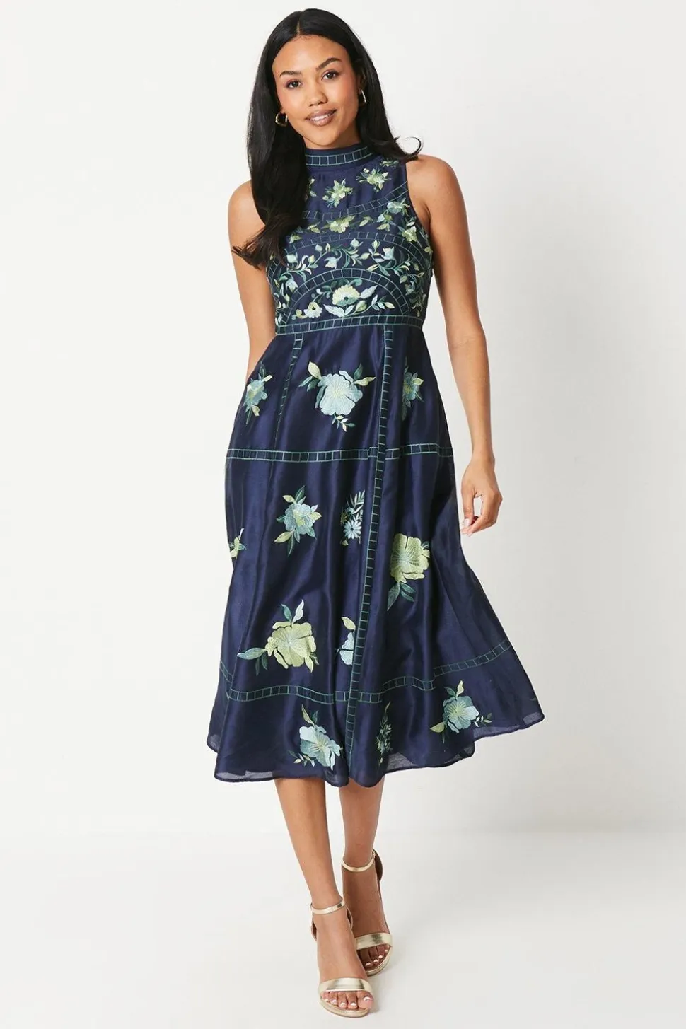 Premium Embroidered High Neck Midi Dress