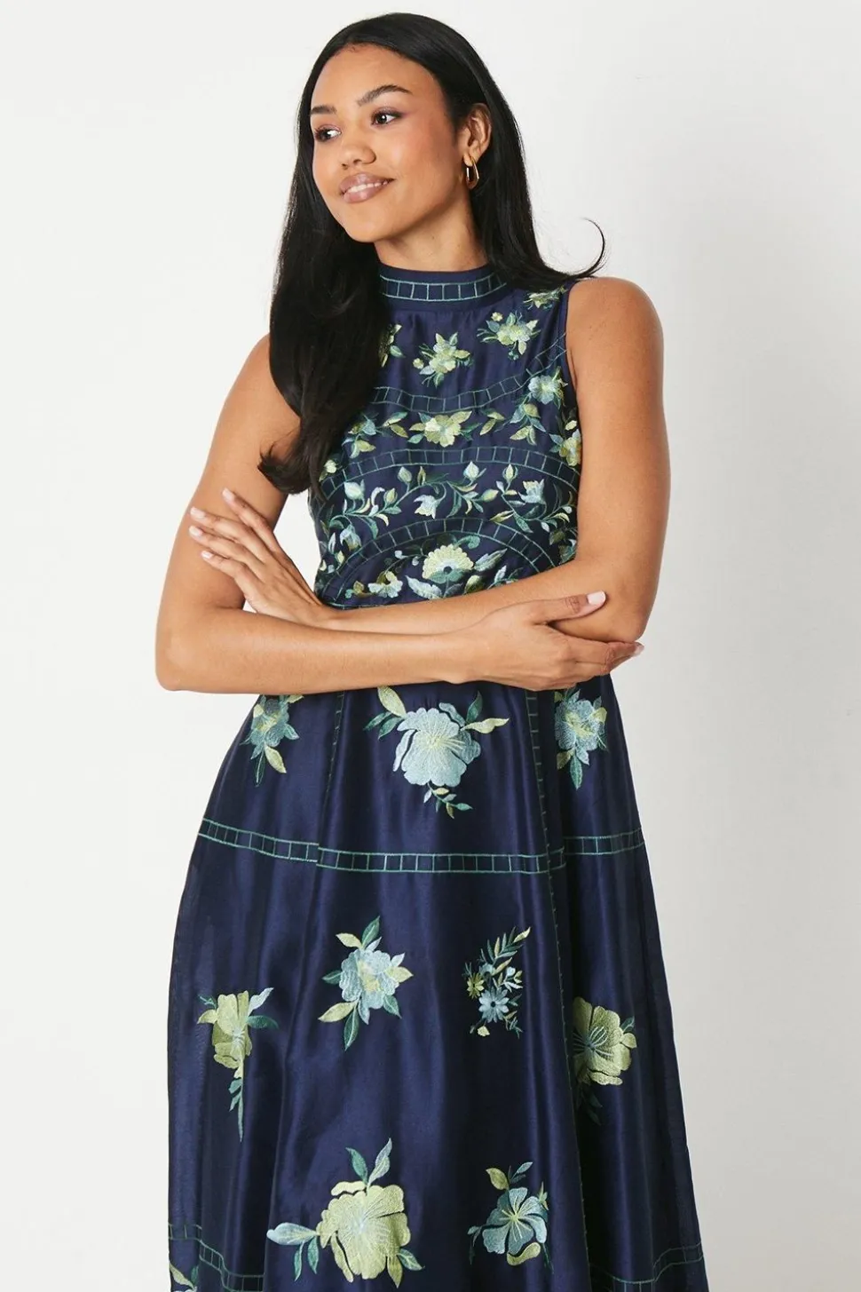 Premium Embroidered High Neck Midi Dress