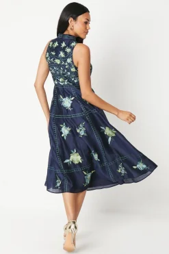 Premium Embroidered High Neck Midi Dress