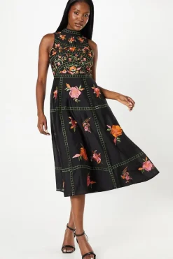 Premium Embroidered High Neck Midi Wedding Guest Dress
