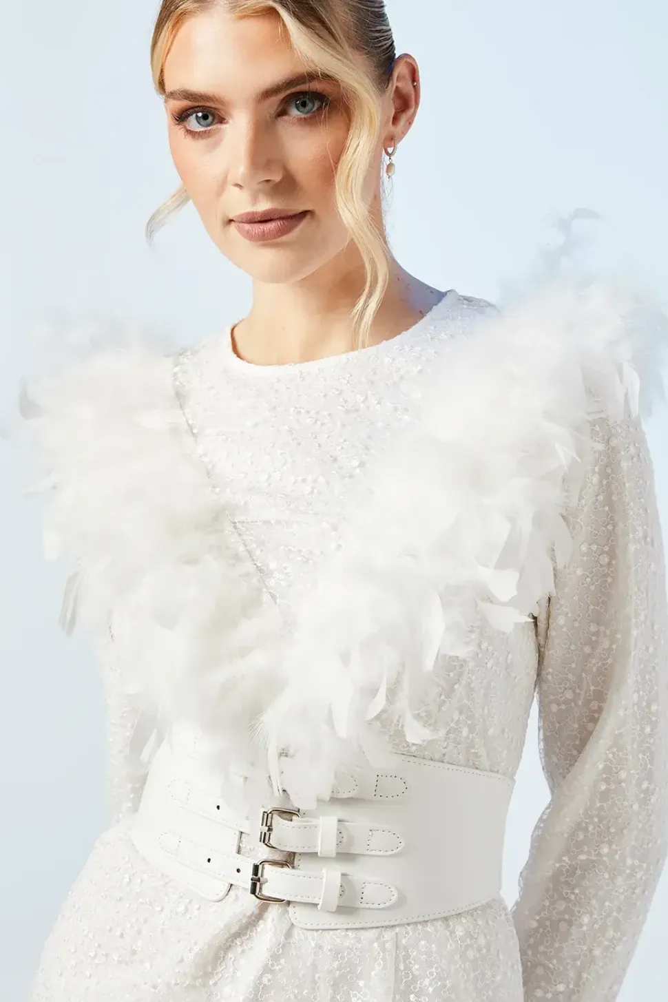 Premium Feather Belted Bridal Mini Dress
