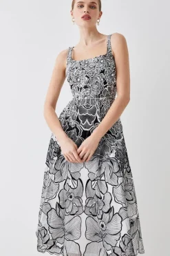 Premium Floral Embroidered Full Skirt Midi Dress