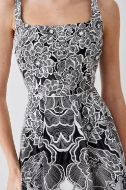 Premium Floral Embroidered Full Skirt Midi Dress
