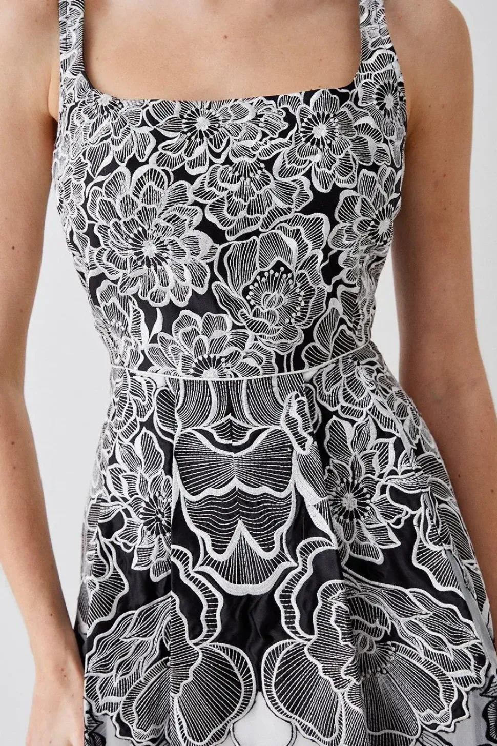 Premium Floral Embroidered Full Skirt Midi Dress