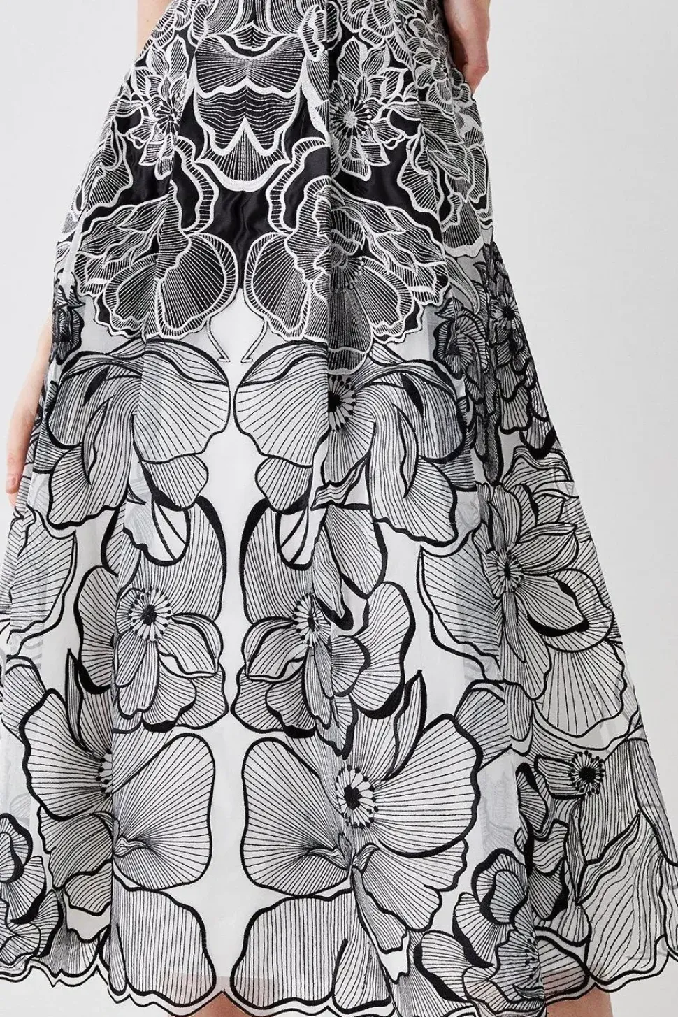 Premium Floral Embroidered Full Skirt Midi Dress