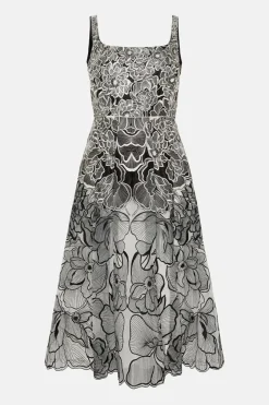 Premium Floral Embroidered Full Skirt Midi Dress