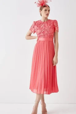 Premium Floral Satin Lace Pleat Skirt Midi Dress