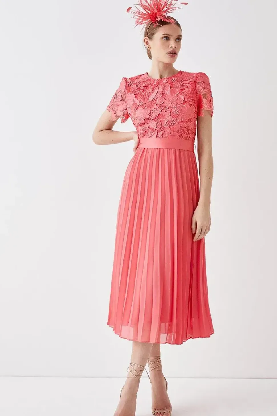 Premium Floral Satin Lace Pleat Skirt Midi Dress