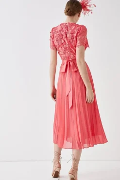 Premium Floral Satin Lace Pleat Skirt Midi Dress
