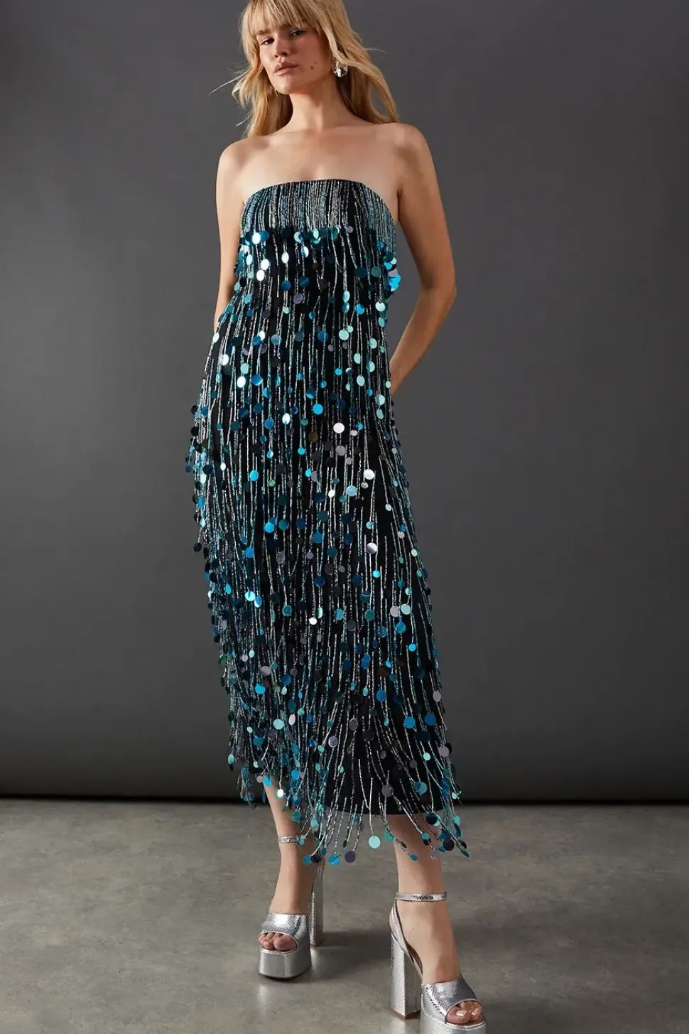 Premium Fringe Bead Embellished Sequin Bandeau Midi Dress