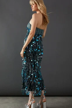 Premium Fringe Bead Embellished Sequin Bandeau Midi Dress