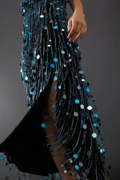 Premium Fringe Bead Embellished Sequin Bandeau Midi Dress