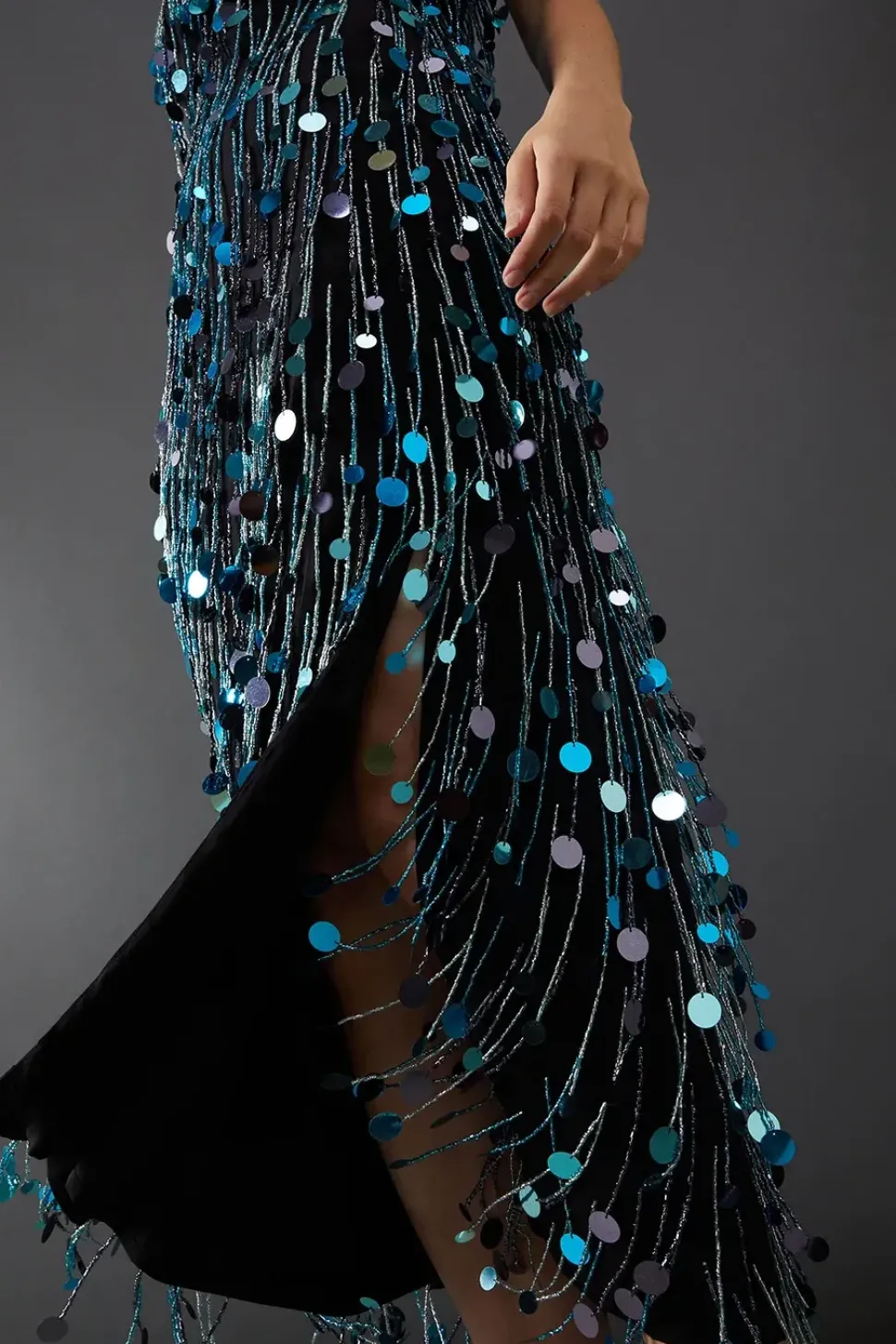 Premium Fringe Bead Embellished Sequin Bandeau Midi Dress
