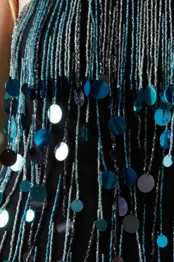 Premium Fringe Bead Embellished Sequin Bandeau Midi Dress