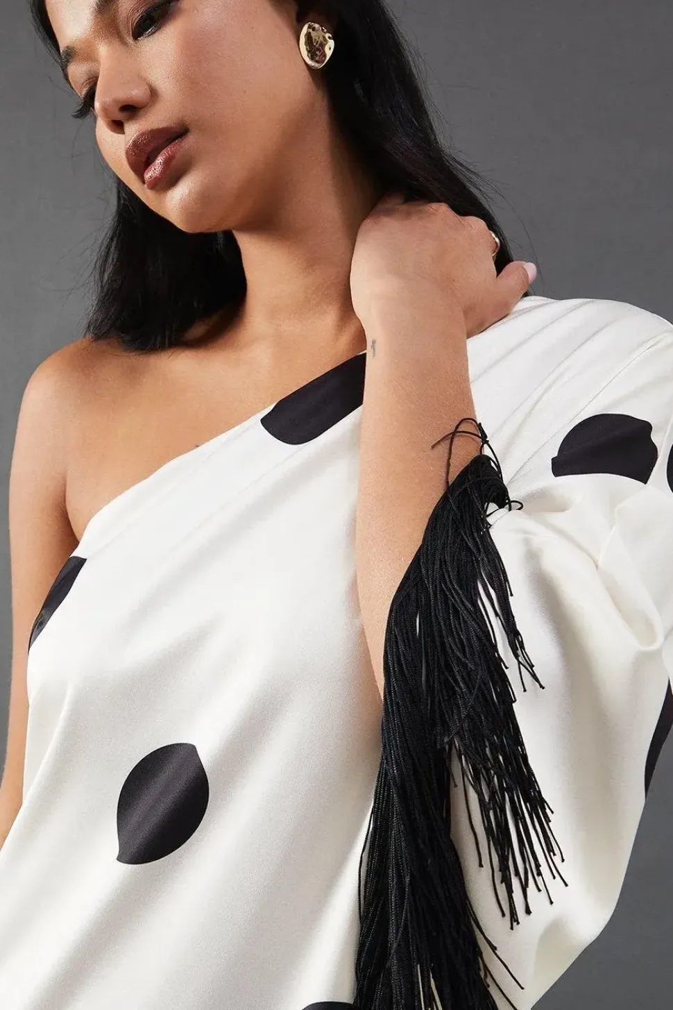 Premium Fringe Trim One Shoulder Midi Dress