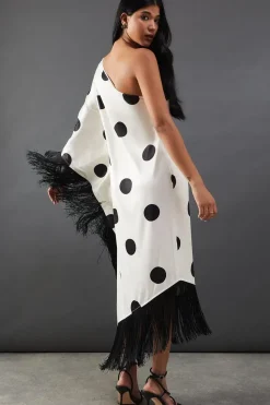 Premium Fringe Trim One Shoulder Midi Dress