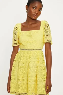Premium Geo Lace Square Neck Skater Dress