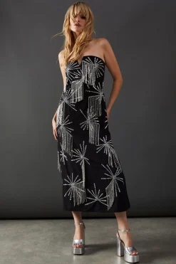 Premium Hand Embellished Sequin Bandeau Fringe Starburst Midi Dress