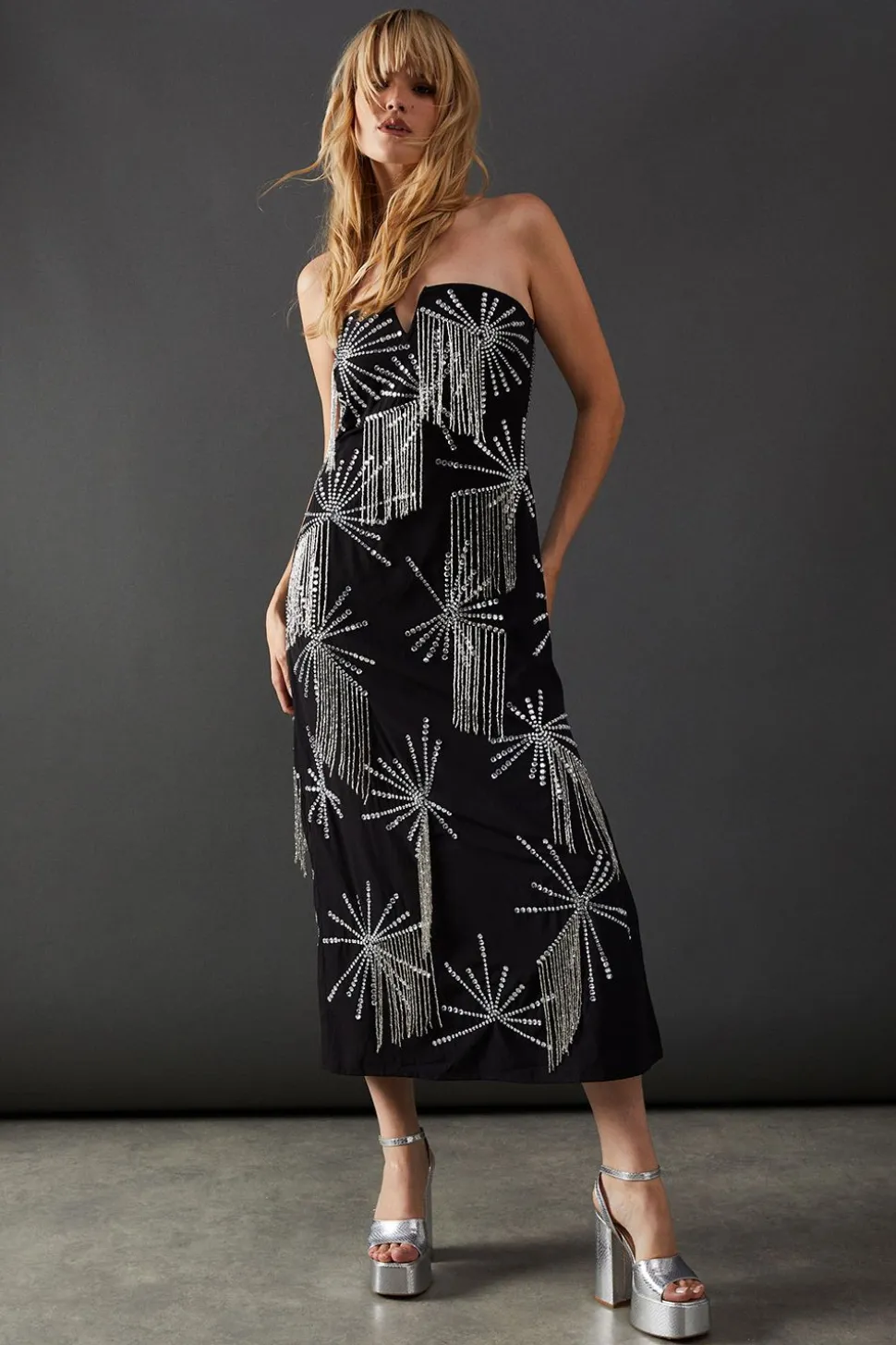 Premium Hand Embellished Sequin Bandeau Fringe Starburst Midi Dress