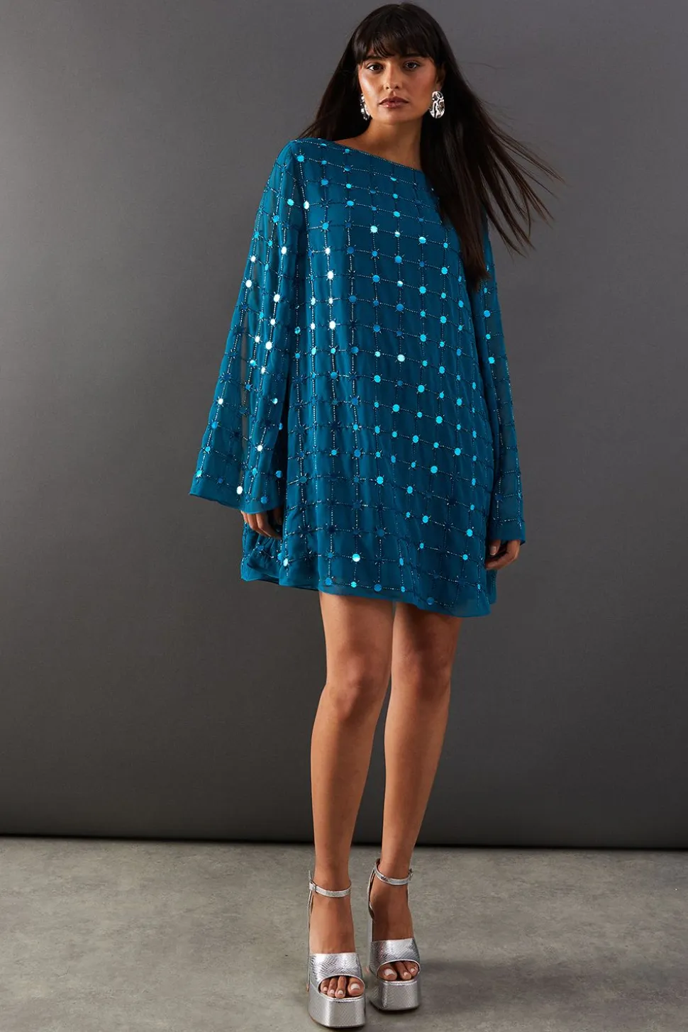 Premium Hand Embellished Sequin Grid Flared Sleeve Mini Dress