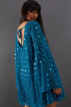 Premium Hand Embellished Sequin Grid Flared Sleeve Mini Dress