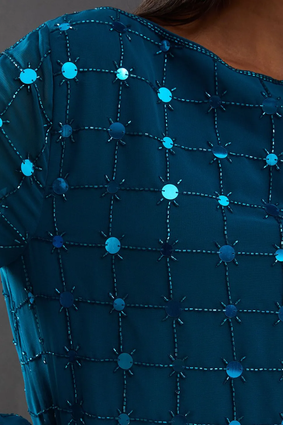 Premium Hand Embellished Sequin Grid Flared Sleeve Mini Dress