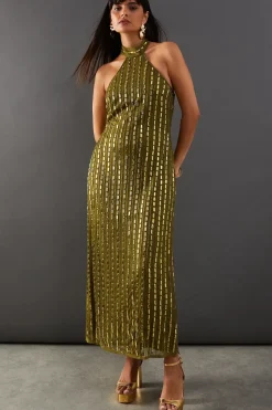 Premium Hand Embellished Sequin Mirror Bead Halter Midi Dress