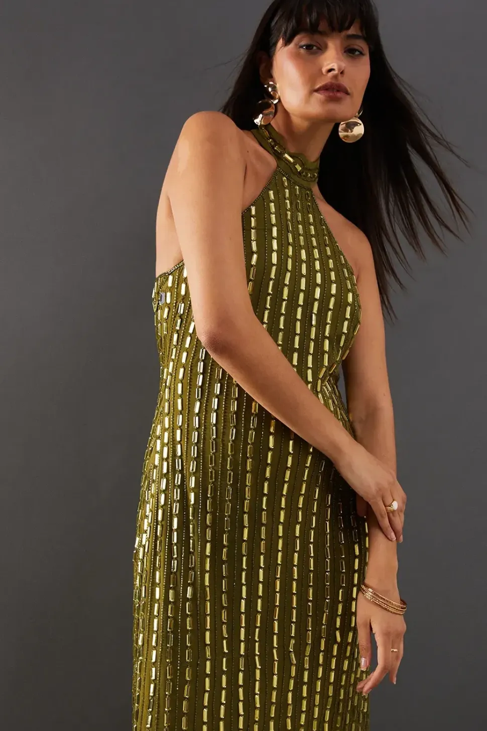 Premium Hand Embellished Sequin Mirror Bead Halter Midi Dress